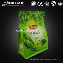 Bolsa de té verde forrada de hojas / bolsa de comida ziplock con refuerzo inferior